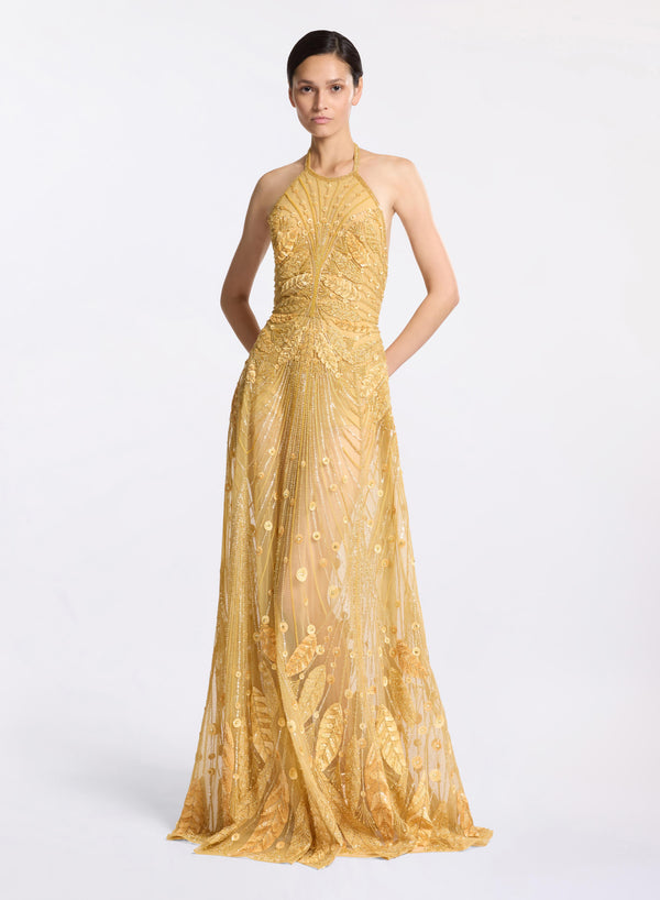 elie saab Bead embroidered long dress Sand Gold