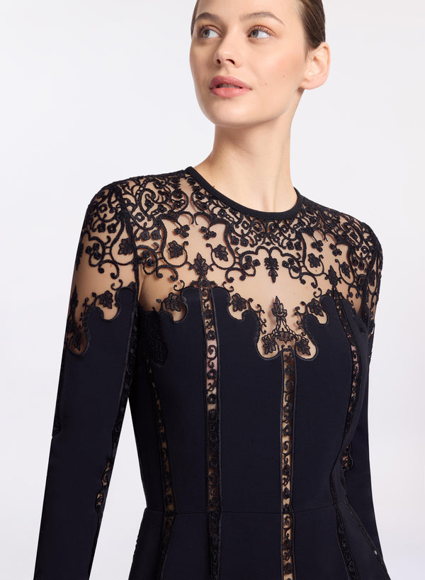 Elie Saab Cady And Lace Midi Dress Black