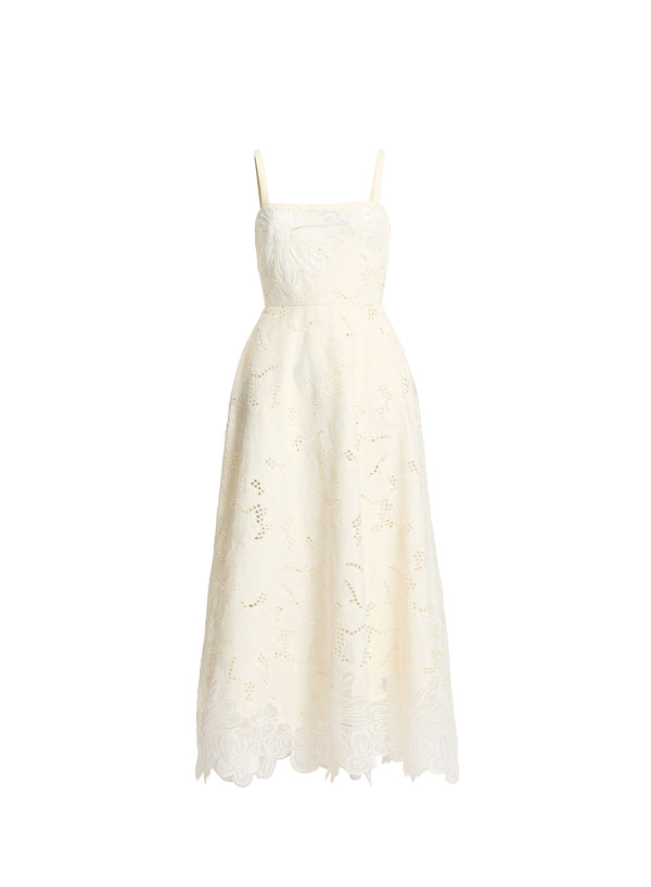 Elie Saab Cotton Embroidered Long Dress Off White