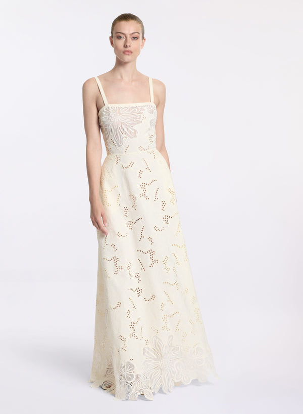 elie saab Cotton embroidered long dress Off White