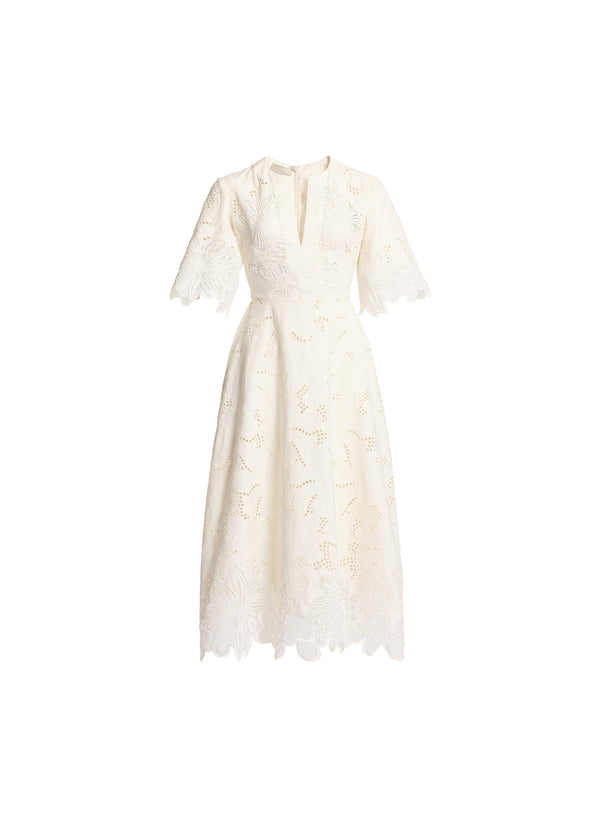 Elie Saab Cotton Embroidered Midi Dress Off White