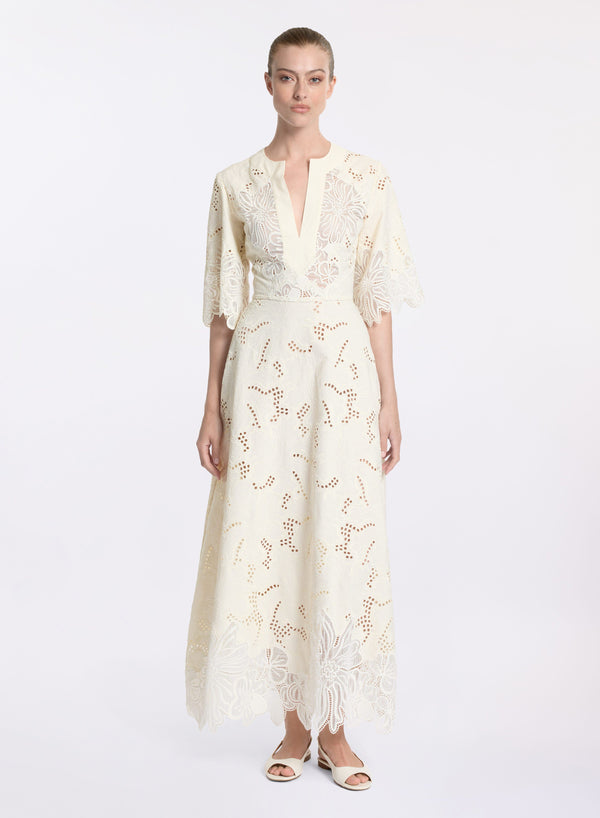 elie saab Cotton embroidered midi dress Off White