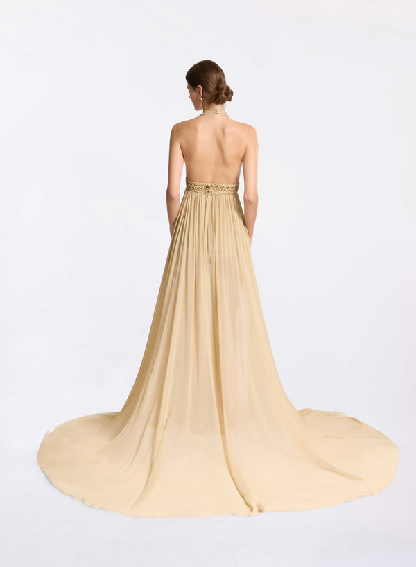 Elie Saab Crochet And Silk Dress Elephant Grey