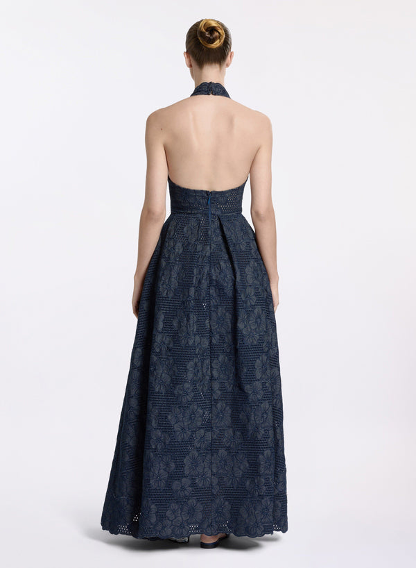 Elie Saab Denim Embroidered Midi Dress Empire Blue