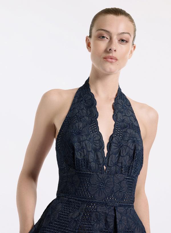 Elie Saab Denim Embroidered Midi Dress Empire Blue