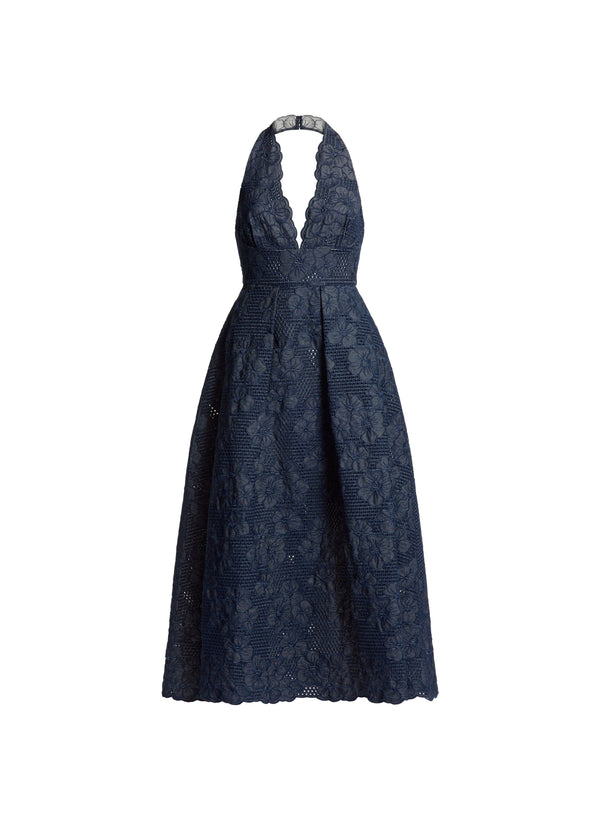 Elie Saab Denim Embroidered Midi Dress Empire Blue