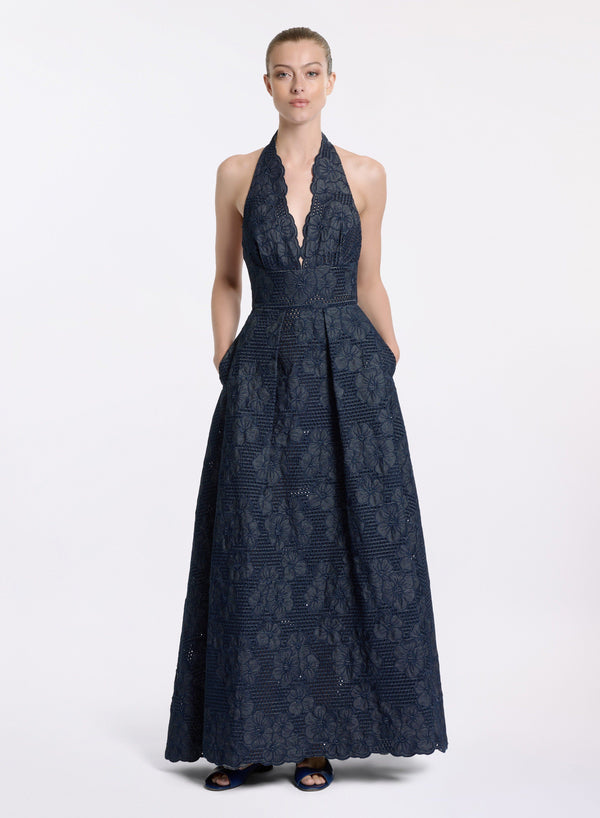 elie saab Denim embroidered midi dress Empire Blue