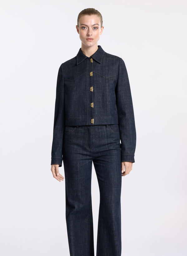 Elie Saab Embellished Denim Jacket Empire Blue
