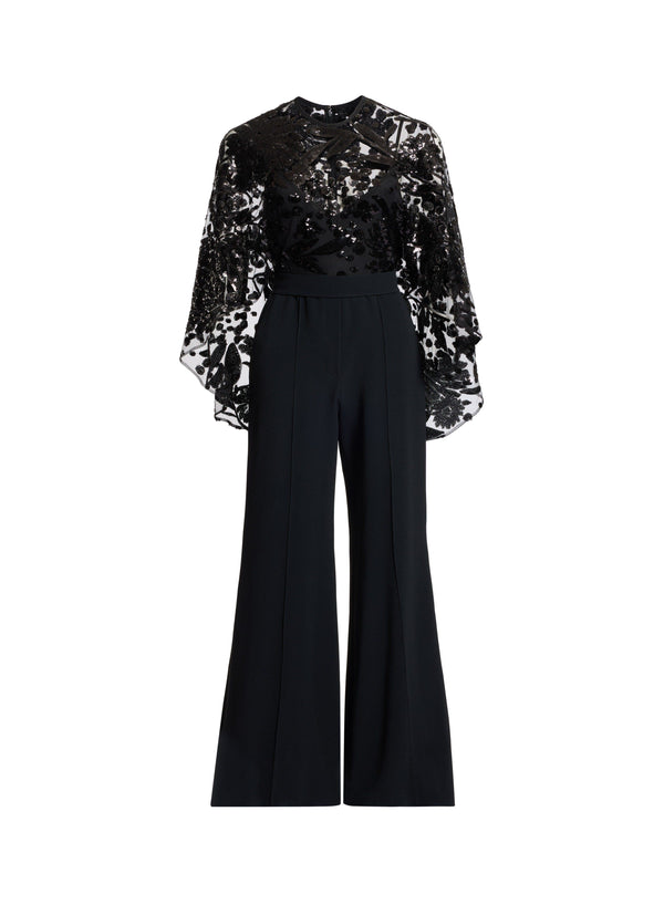 Elie Saab Embroidered Cape Cady Jumpsuit Black