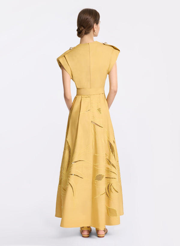 Elie Saab Embroidered Cotton Midi Dress Sand Gold