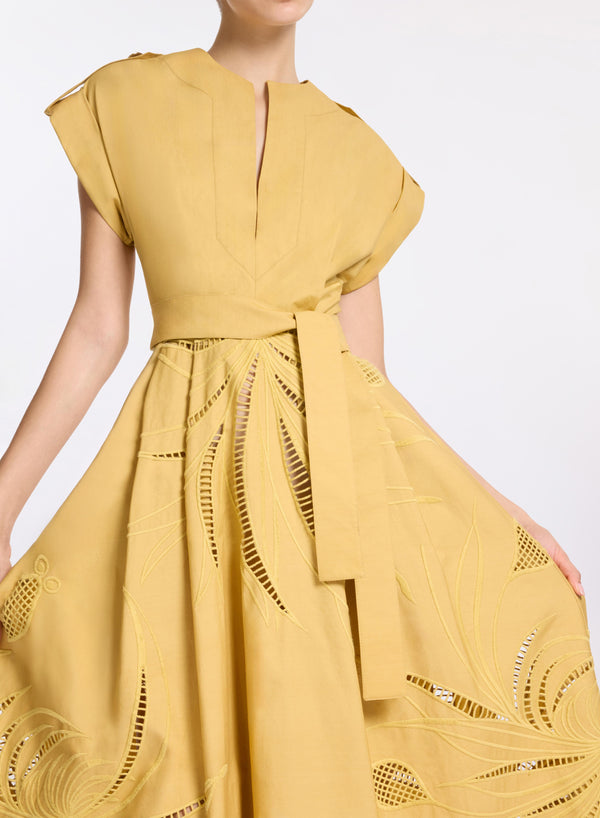 Elie Saab Embroidered Cotton Midi Dress Sand Gold