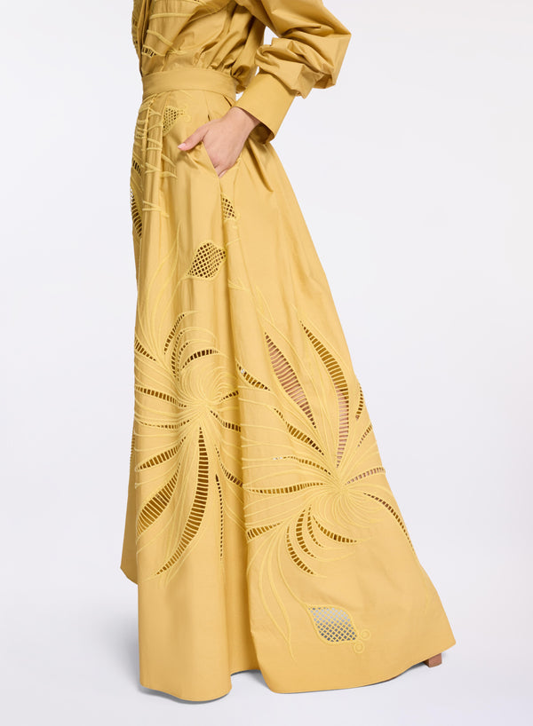 Elie Saab Embroidered Cotton Skirt Sand Gold