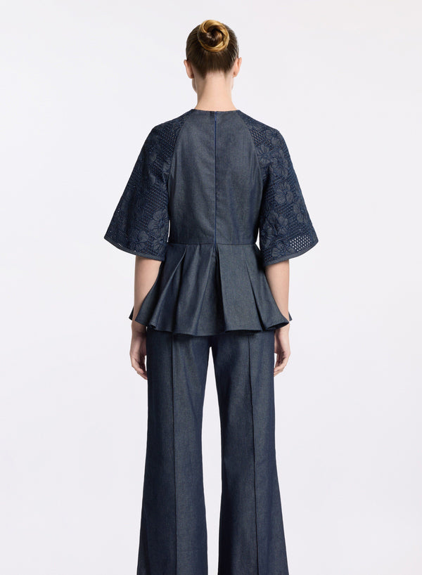 Elie Saab Embroidered Denim Top Empire Blue