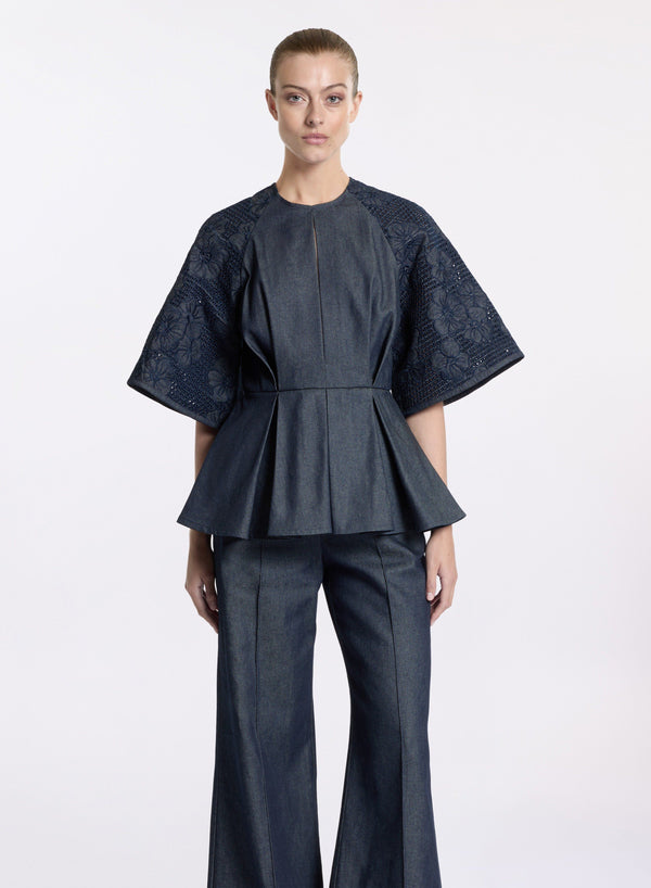 elie saab Embroidered denim top Empire Blue