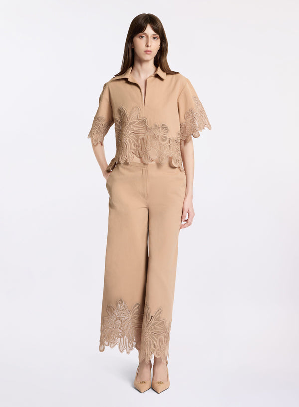 elie saab Embroidered gabardine pants Cappuccino