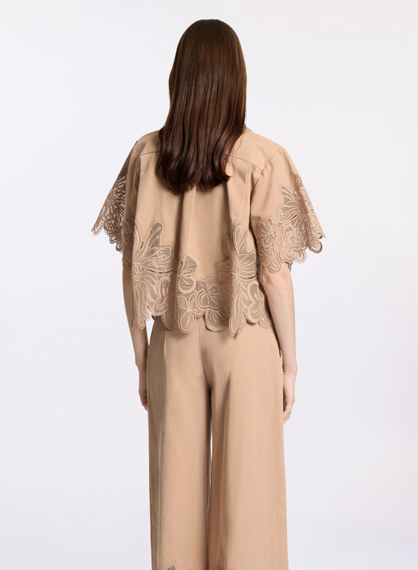 Elie Saab Embroidered Gabardine Top Cappuccino