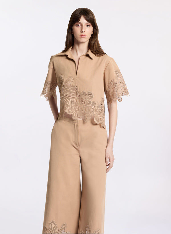 Elie Saab Embroidered Gabardine Top Cappuccino