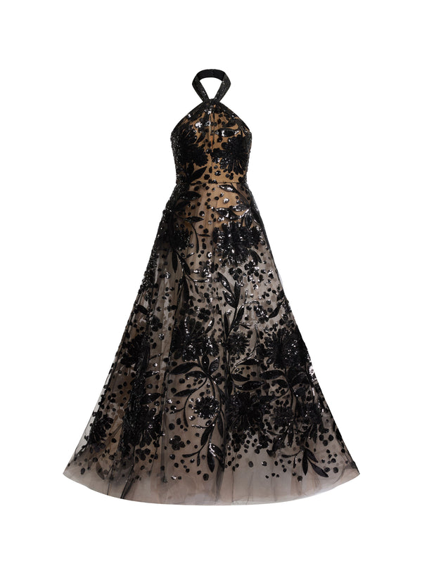 Elie Saab Embroidered Halter Gown Black