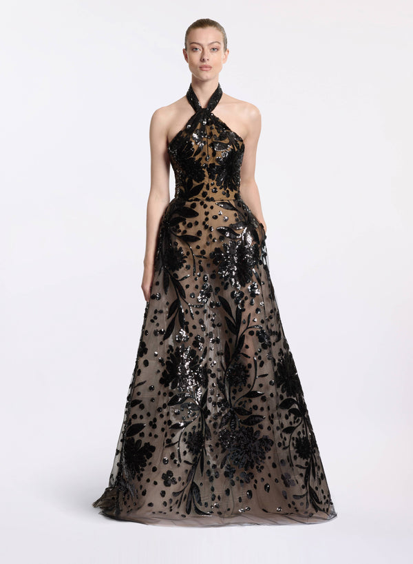 elie saab Embroidered halter gown Black