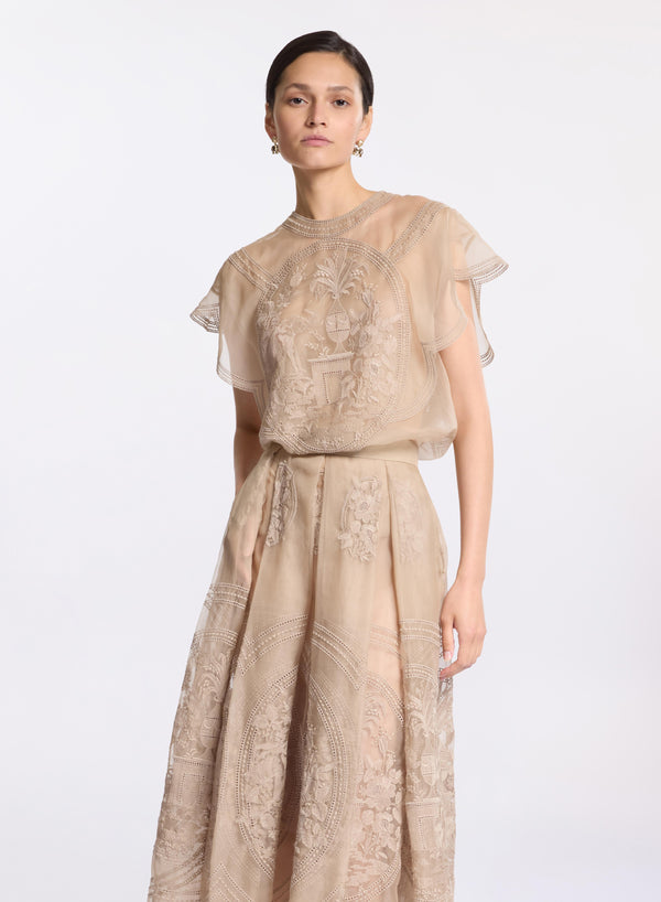 Elie Saab Embroidered Organza Top Elephant Grey