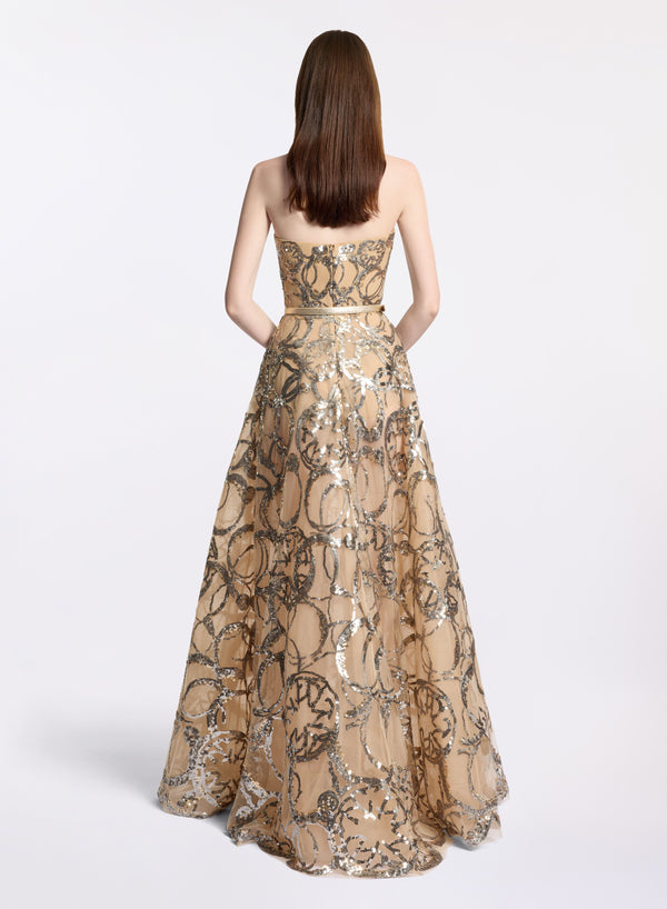 Elie Saab Embroidered Strapless Gown Gold-Silver