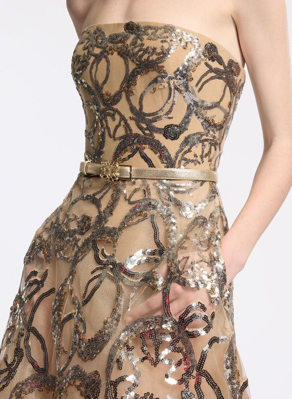 Elie Saab Embroidered Strapless Gown Gold-Silver