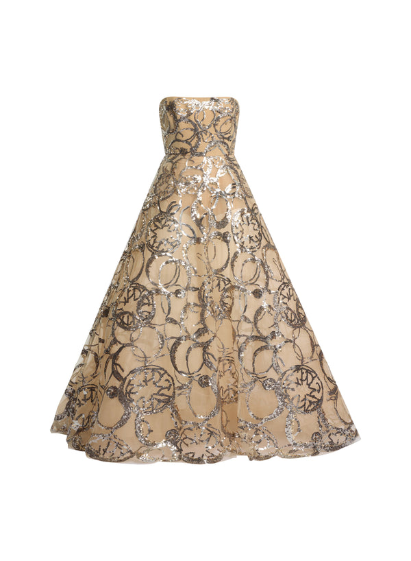 Elie Saab Embroidered Strapless Gown Gold-Silver