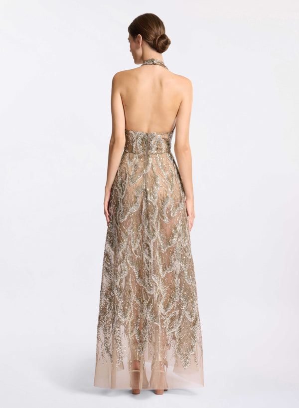 Elie Saab Embroidered Tulle Flared Dress Silver