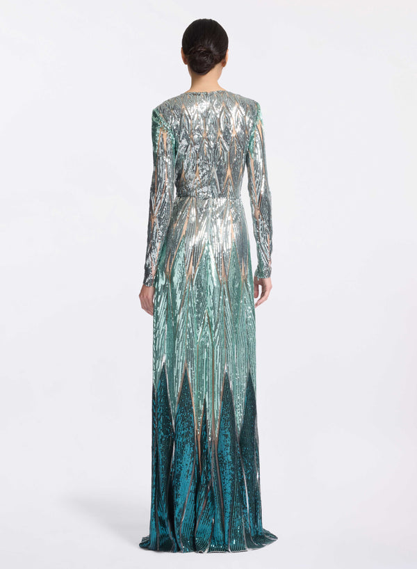 Elie Saab Embroidered Tulle Long Dress Blue Spruce