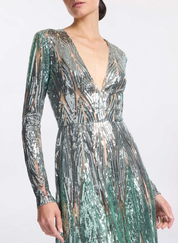 Elie Saab Embroidered Tulle Long Dress Blue Spruce