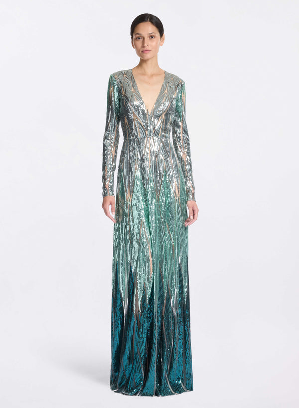elie saab Embroidered tulle long dress Blue Spruce