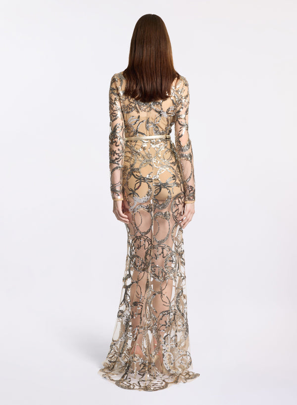 Elie Saab Embroidered Tulle Long Dress Gold-Silver