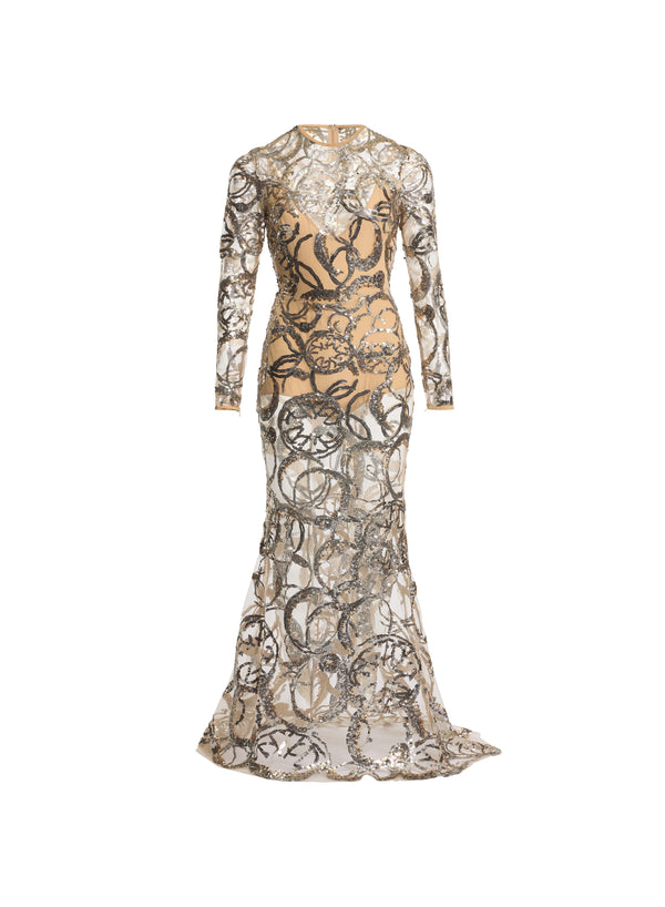 Elie Saab Embroidered Tulle Long Dress Gold-Silver