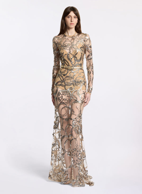 elie saab Embroidered tulle long dress Gold-Silver