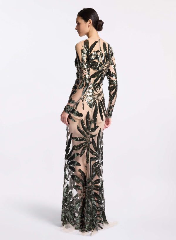Elie Saab Embroidered Tulle Long Dress Palm Shade