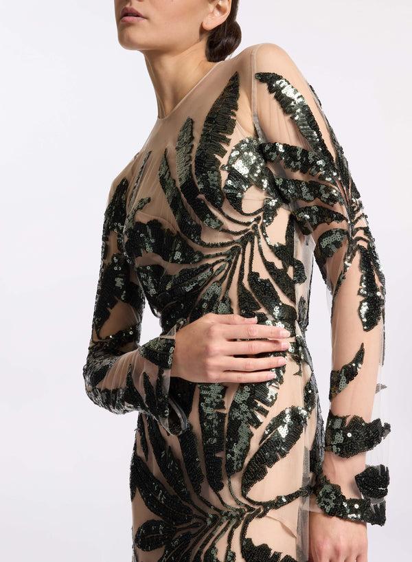 Elie Saab Embroidered Tulle Long Dress Palm Shade