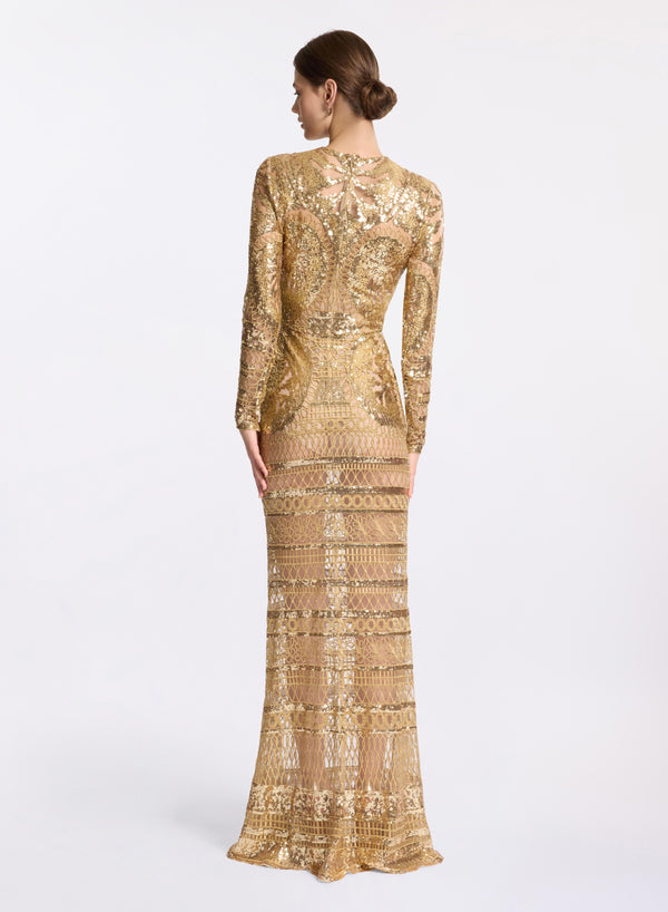 Elie Saab Embroidered Tulle Long Dress Sand Gold