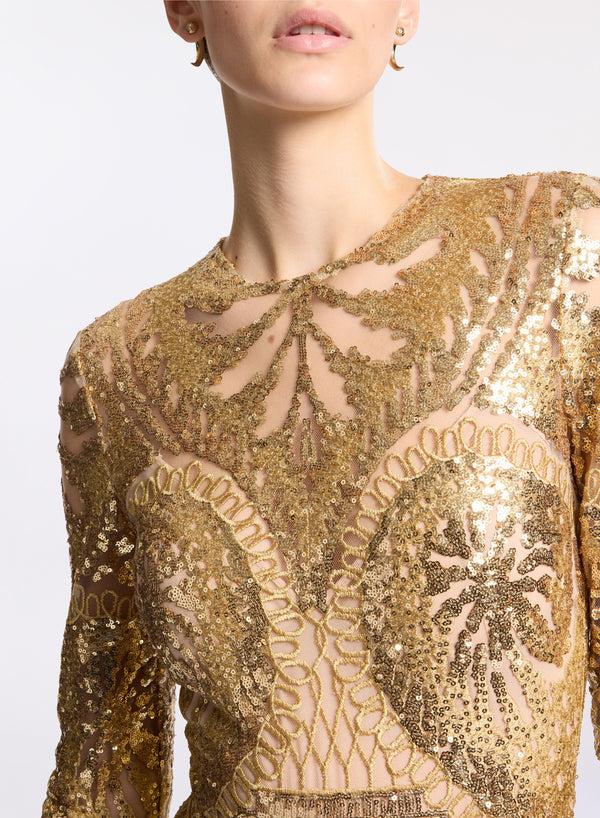 Elie Saab Embroidered Tulle Long Dress Sand Gold