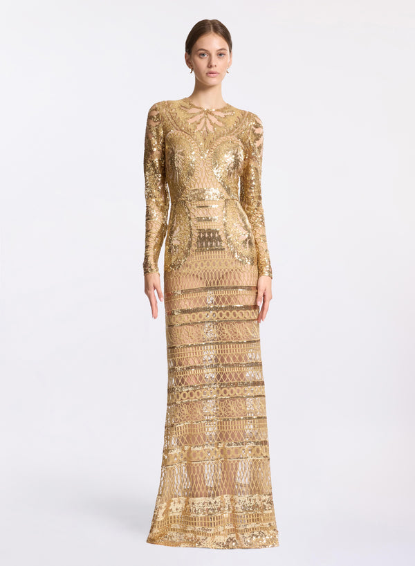 elie saab Embroidered tulle long dress Sand Gold