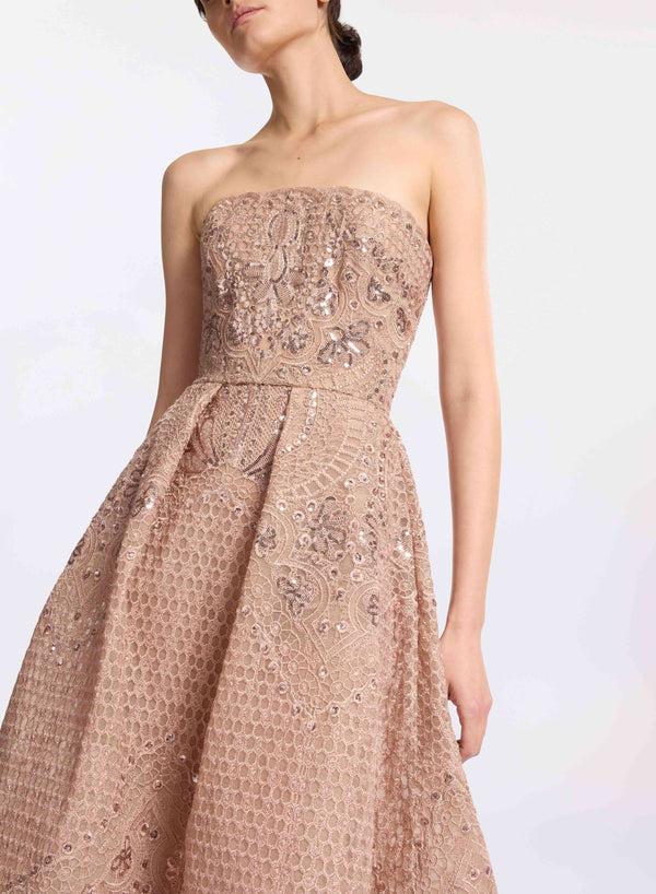 Elie Saab Embroidered Tulle Midi Dress Desert Rose