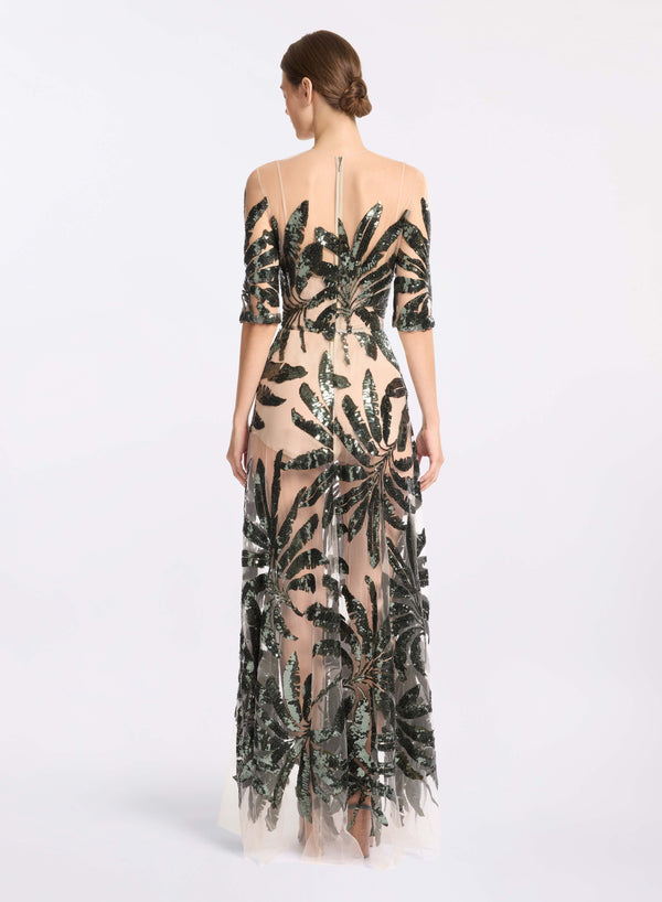 Elie Saab Embroidered Tulle Midi Dress Palm Shade