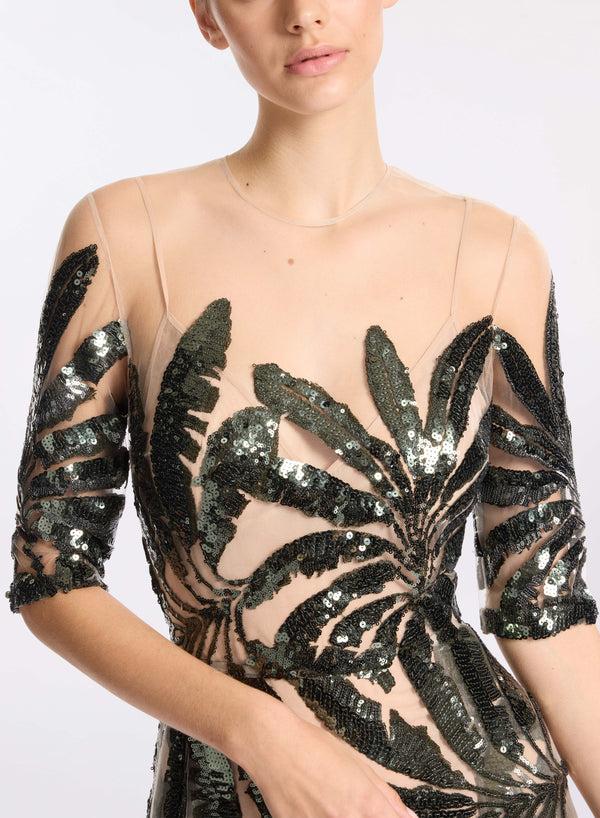 Elie Saab Embroidered Tulle Midi Dress Palm Shade