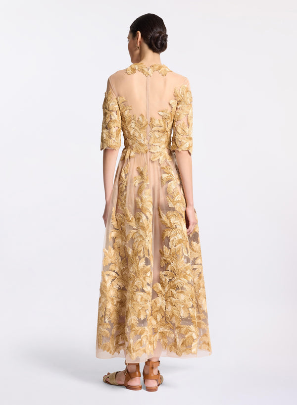 Elie Saab Embroidered Tulle Midi Dress Sand Gold