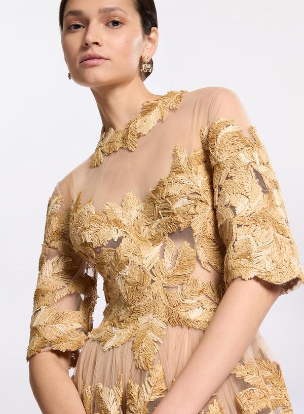 Elie Saab Embroidered Tulle Midi Dress Sand Gold