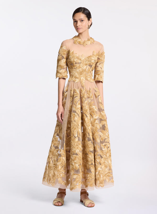 elie saab Embroidered tulle midi dress Sand Gold