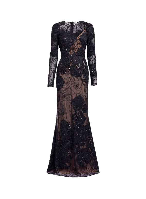 Elie Saab Floral Bead Embroidered Dress Black