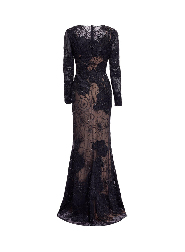 Elie Saab Floral Bead Embroidered Dress Black