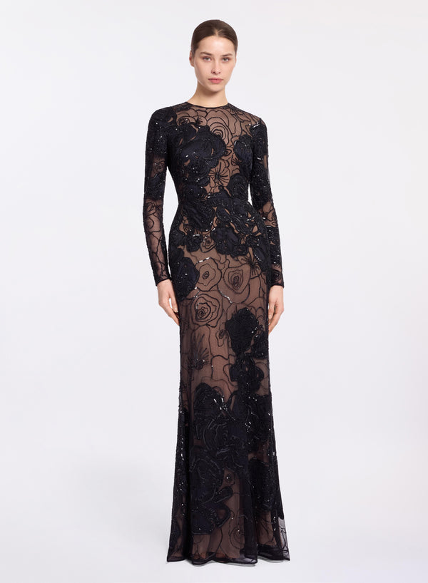 elie saab Floral bead embroidered dress Black