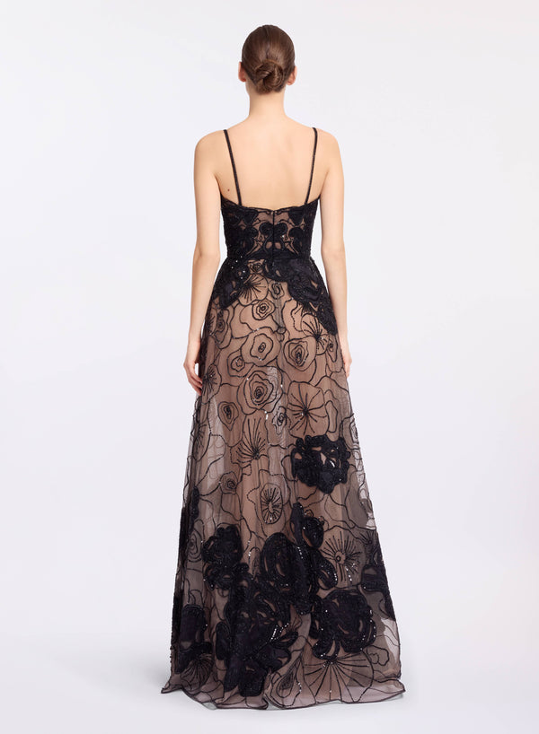 Elie Saab Floral Bead Embroidered Gown Black