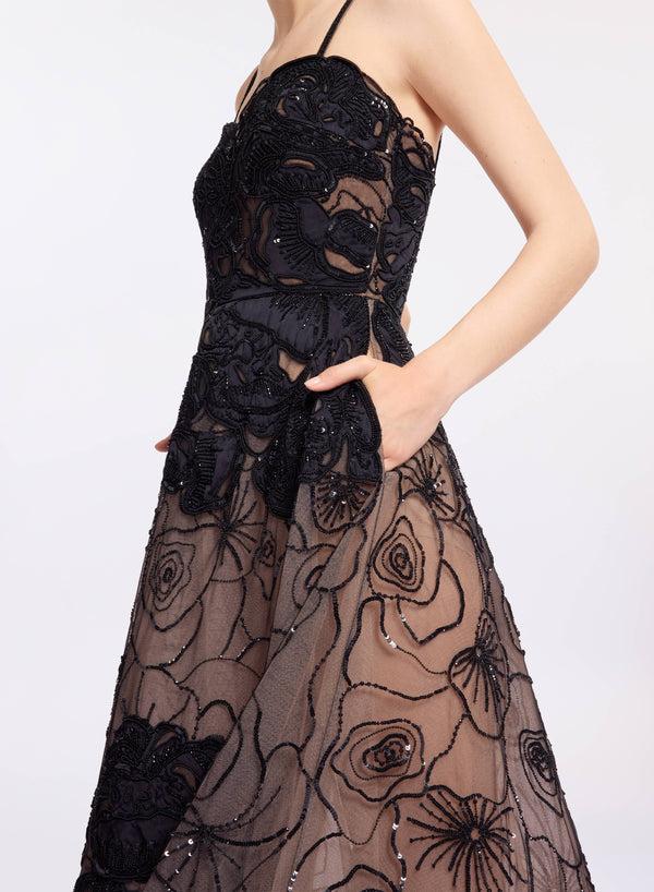 Elie Saab Floral Bead Embroidered Gown Black